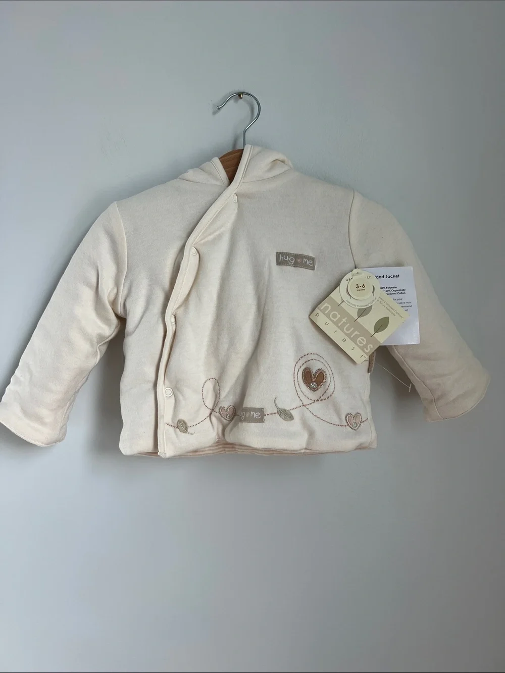 Natures Purest | Cream Hooded Baby Puffer Coat Heart Embroidery NWT Size 3-6M